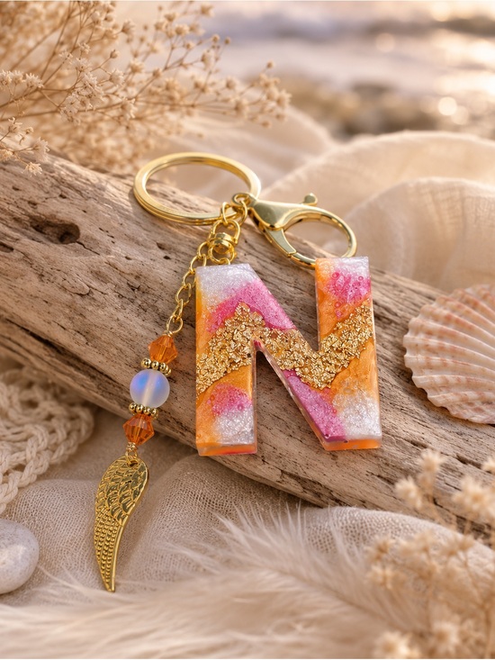 Artisan Handbags - Orange, Gold and Pink Initial Letter “N” Boho Keychain With Angel Wing Charm